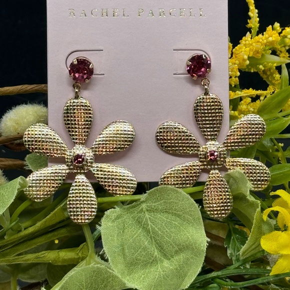 Rachel Parcell Pink Crystal Dangling Flower Statement Earrings - Picture 7 of 8